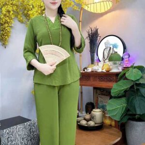 Đồ Lam Đi Chùa Áo Bà Ba Cổ V Như Ý Vải Đủi