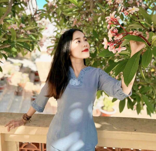 Đồ Lam Đi Chùa Áo Bà Ba Cổ V Như Ý Vải Đủi - Ảnh 9