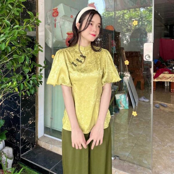 Đồ Lam Đi Chùa Tàu 4 Nút Vải Gấm - Ảnh 2