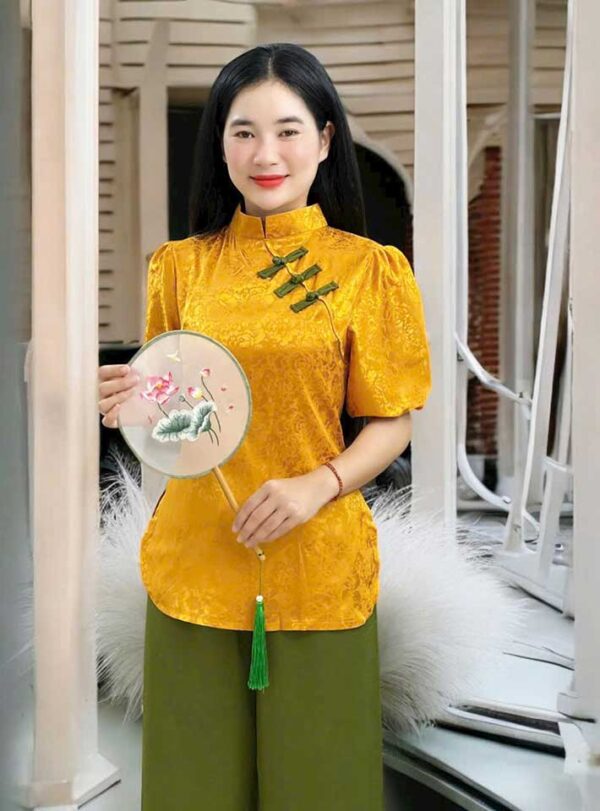 Đồ Lam Đi Chùa Tàu 4 Nút Vải Gấm - Ảnh 10