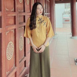 Đồ Lam Đi Chùa Tàu 4 Nút Vải Gấm