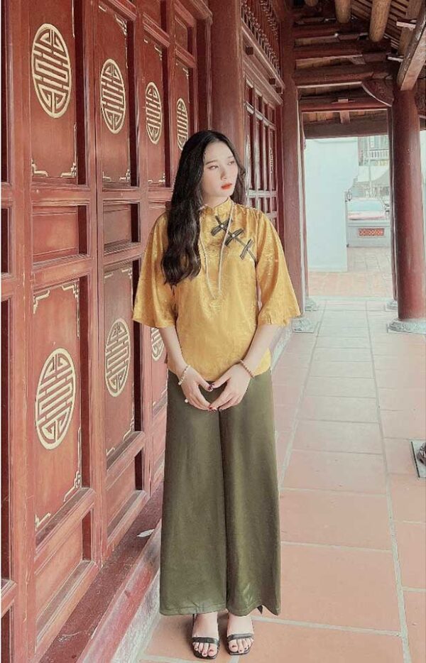 Đồ Lam Đi Chùa Tàu 4 Nút Vải Gấm